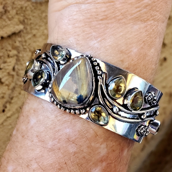 New Golden Rutile and Citrine 925 Silver Cuff Bracelet. - Picture 9 of 16